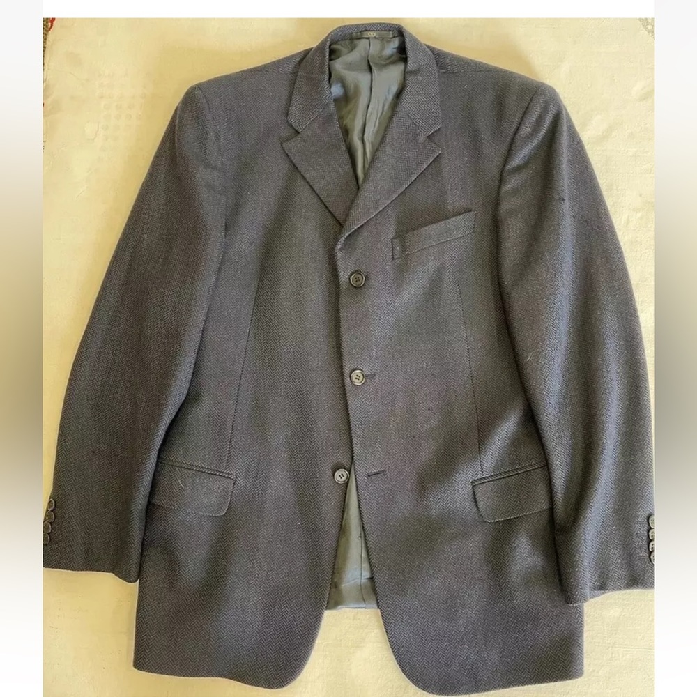 VALENTINO Made in Italy Cashmere Blend Herringbone 3-Button Navy Jacket 44 R